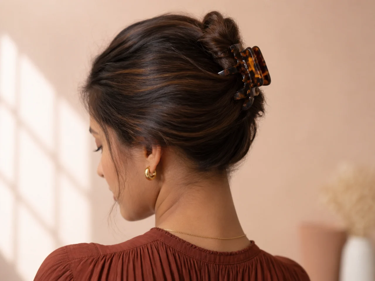 Testing the hold of a finished claw clip updo