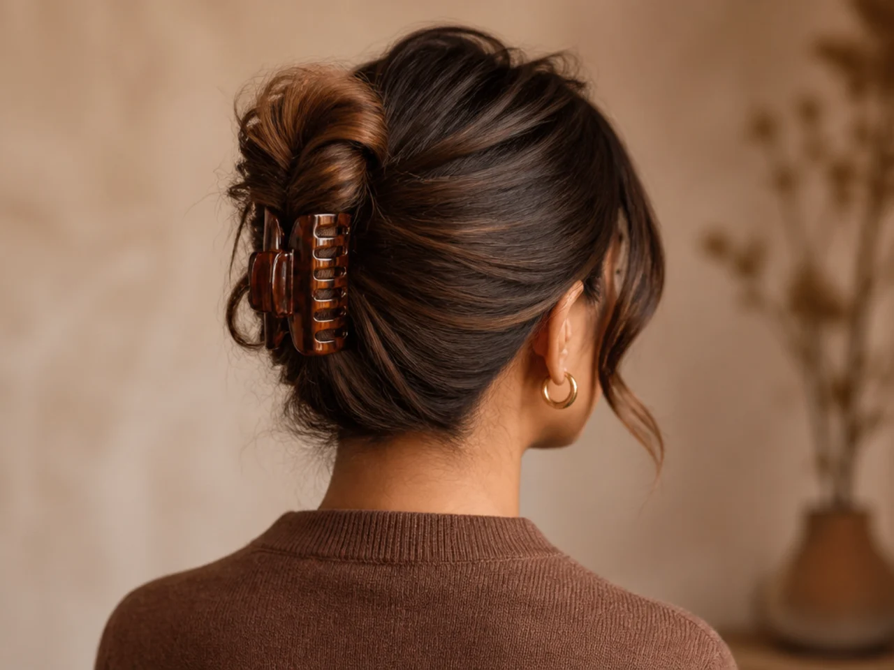 The completed claw clip updo viewed from behind