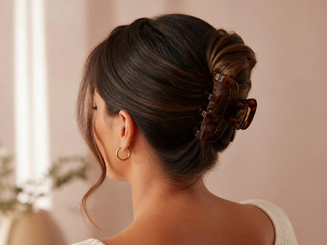 Three-quarter view of the finished claw clip updo