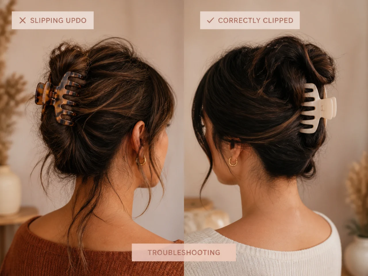 A slipping updo beside a correctly clipped one