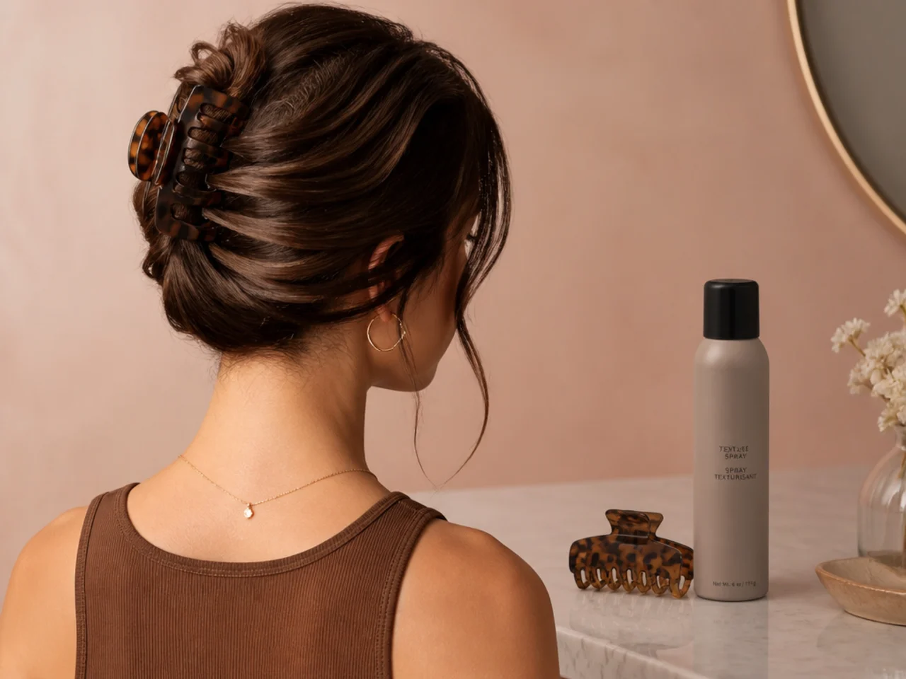 A wide claw clip and a bottle of texture spray on a counter