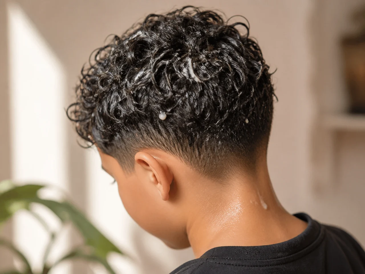 Leave-in conditioner applied to a boy's soaking wet curls