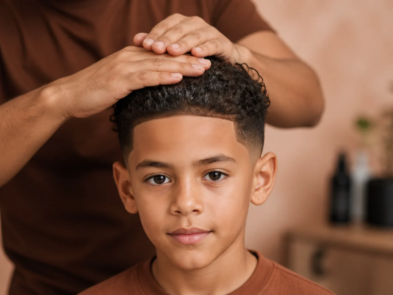 Flat palms smoothing product down a boy's curls