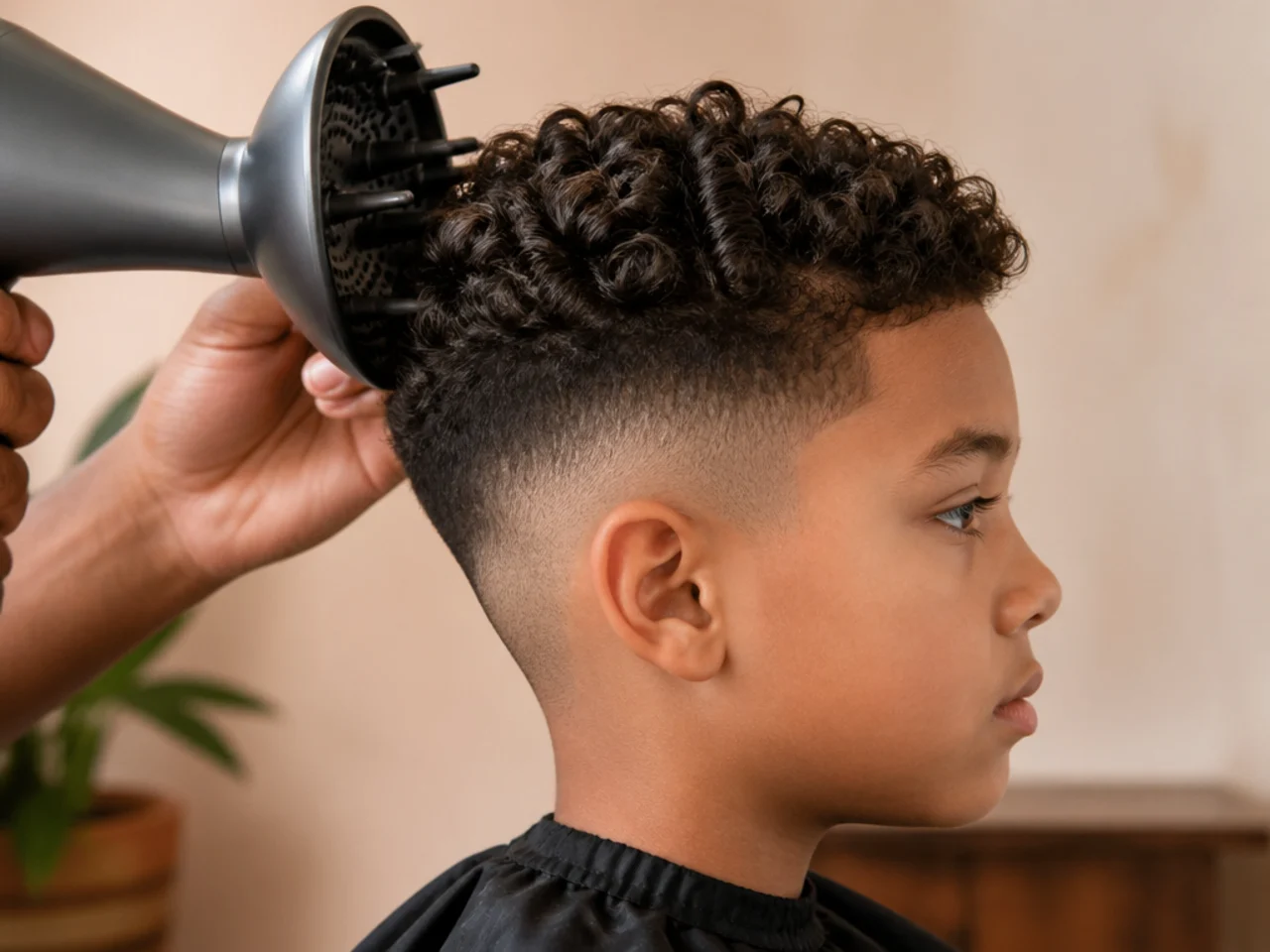 A diffuser cupping a boy's curls on a low setting