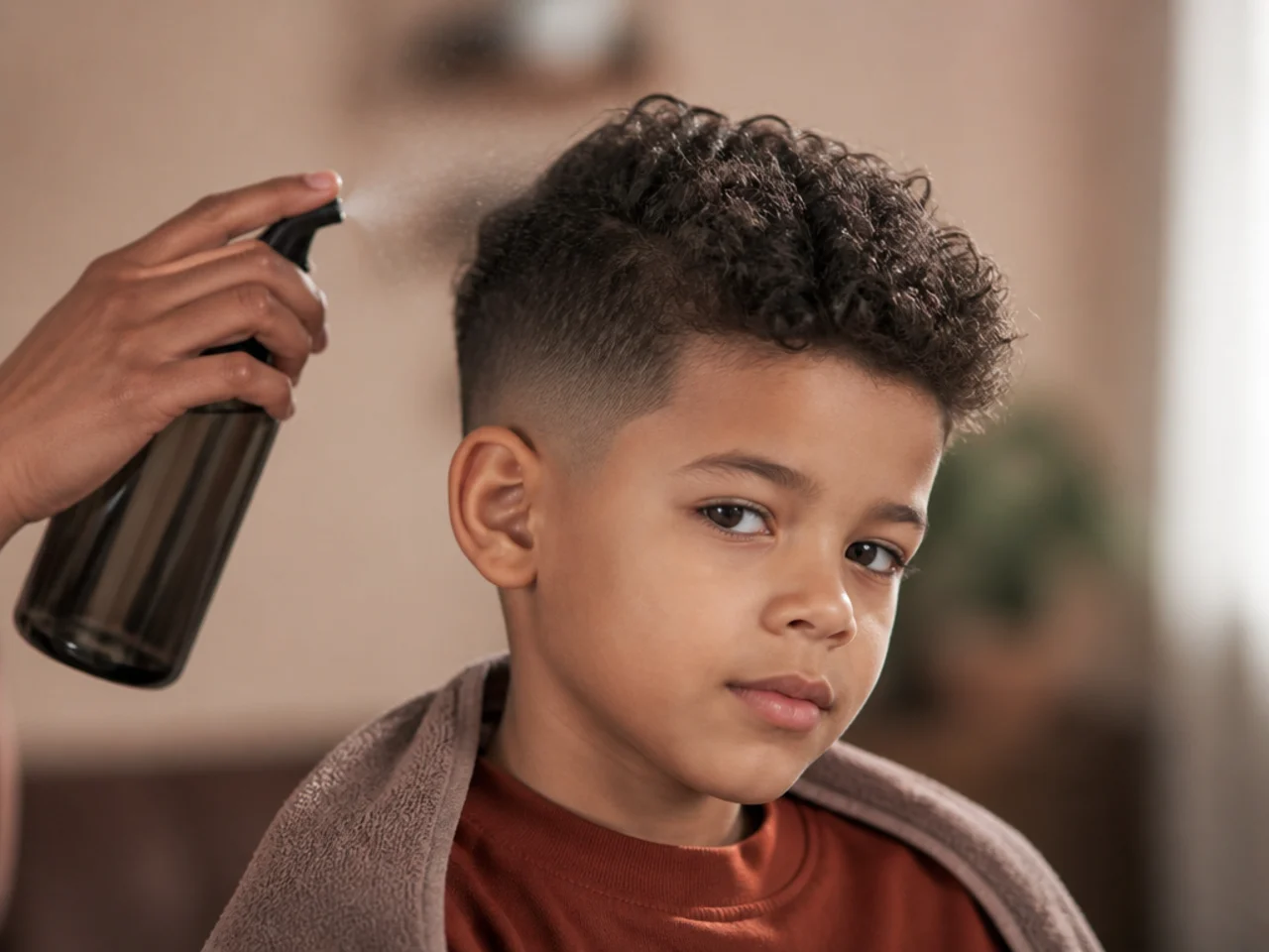 One side of a boy's curls being sprayed in the morning