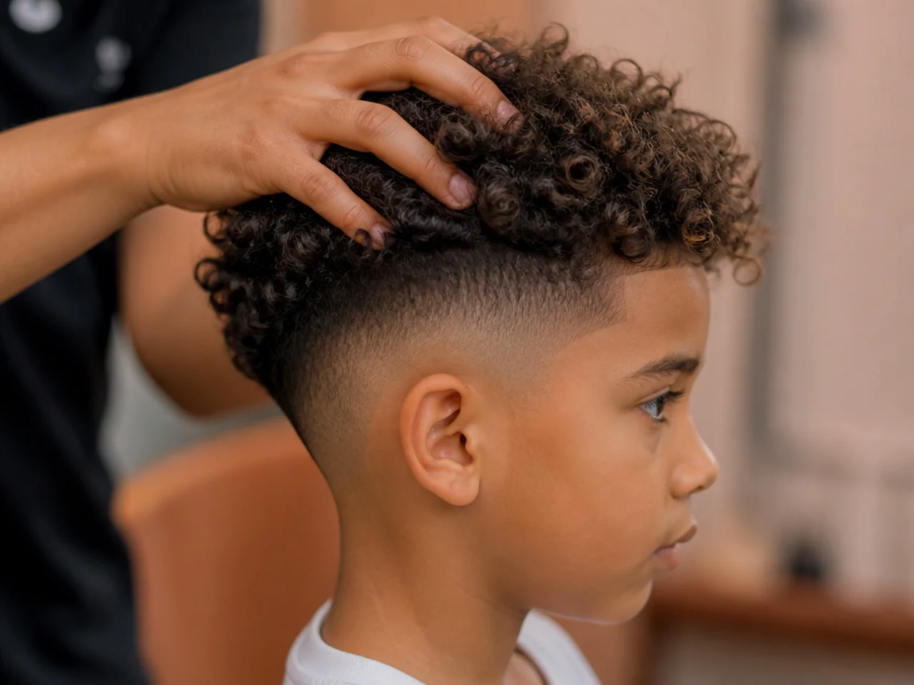 Spread fingers raking through a boy's dry curls