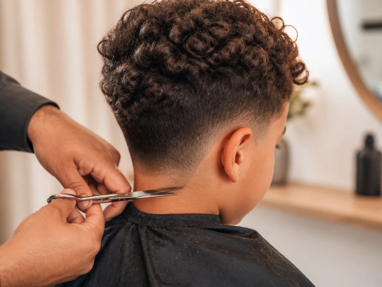 Scissors trimming the perimeter of a boy's curly hair