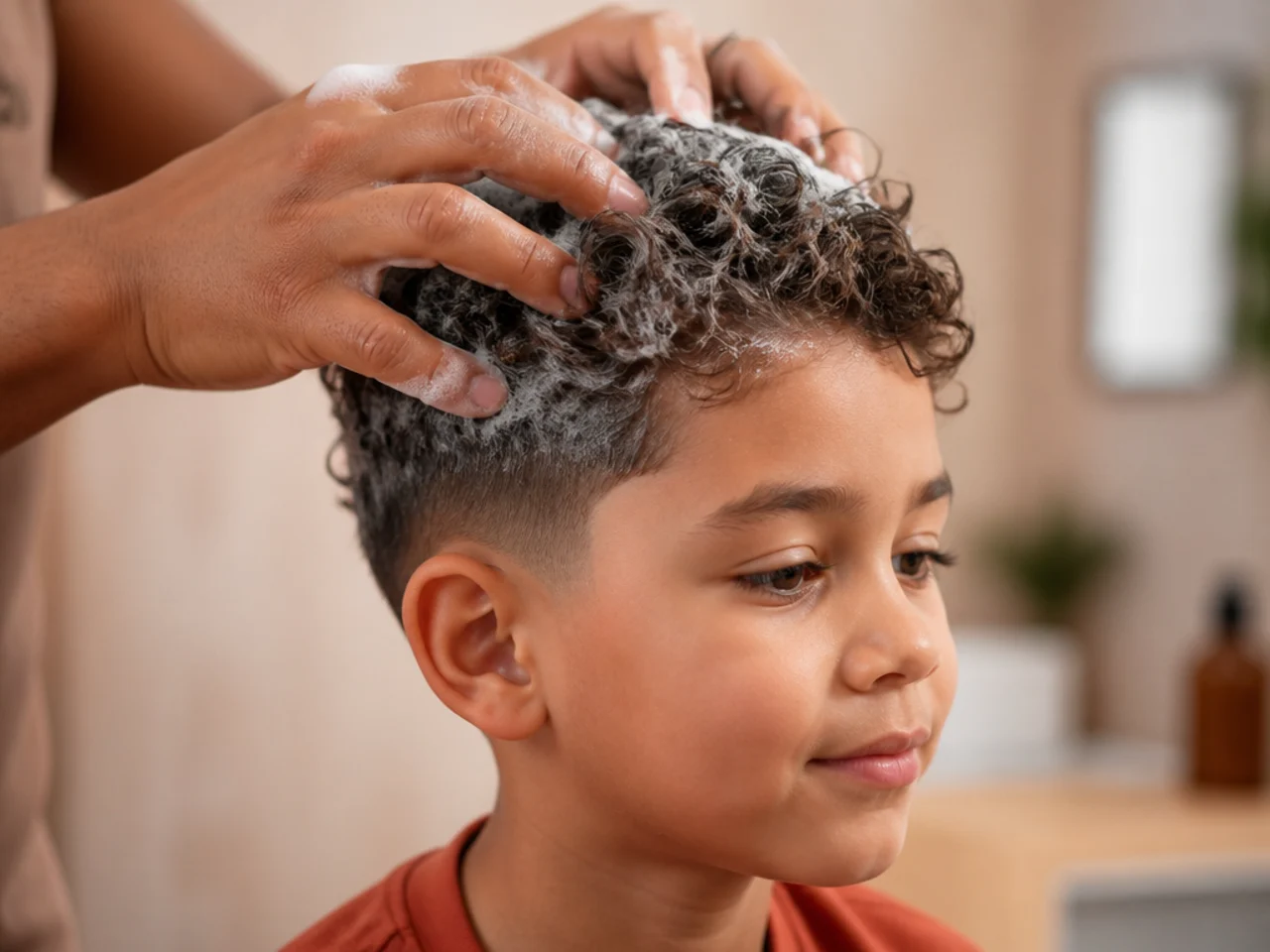 Fingertips shampooing a boy's scalp