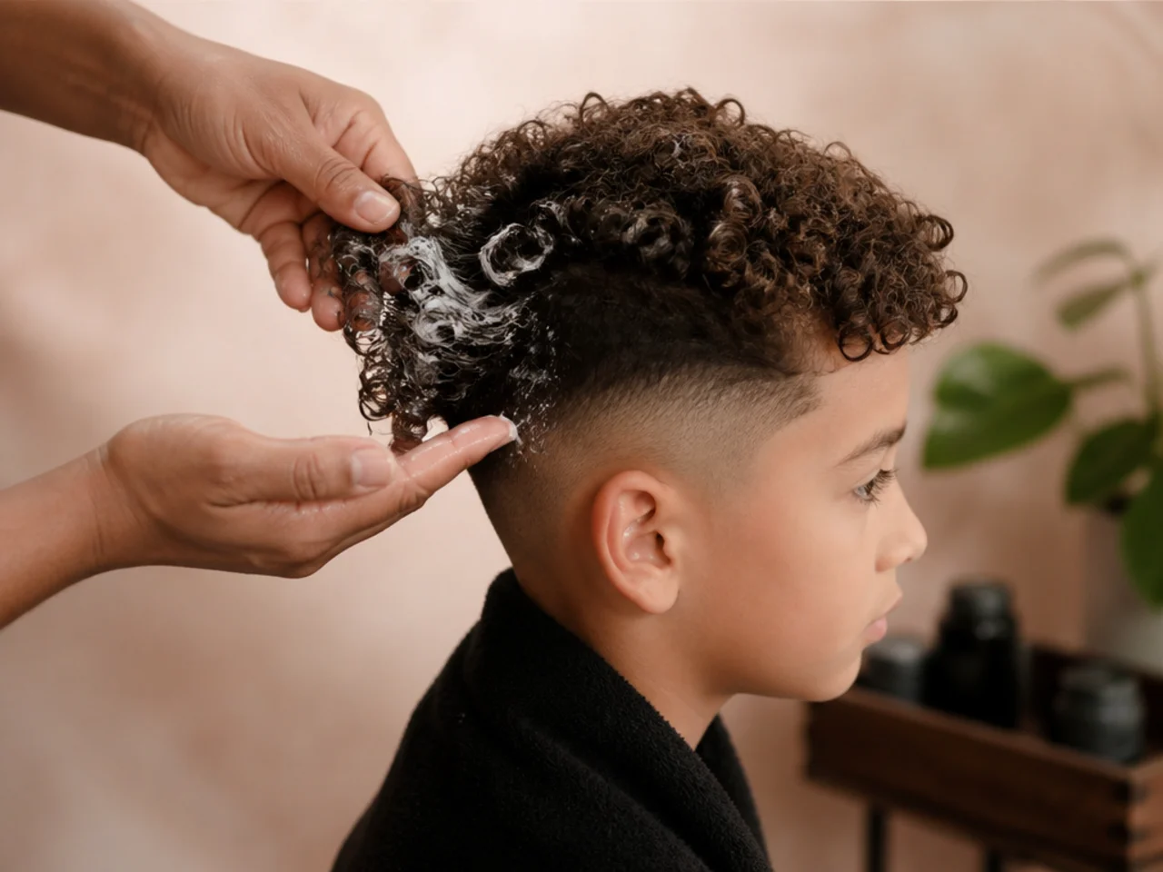 Conditioner being applied to the lengths of a boy's curls