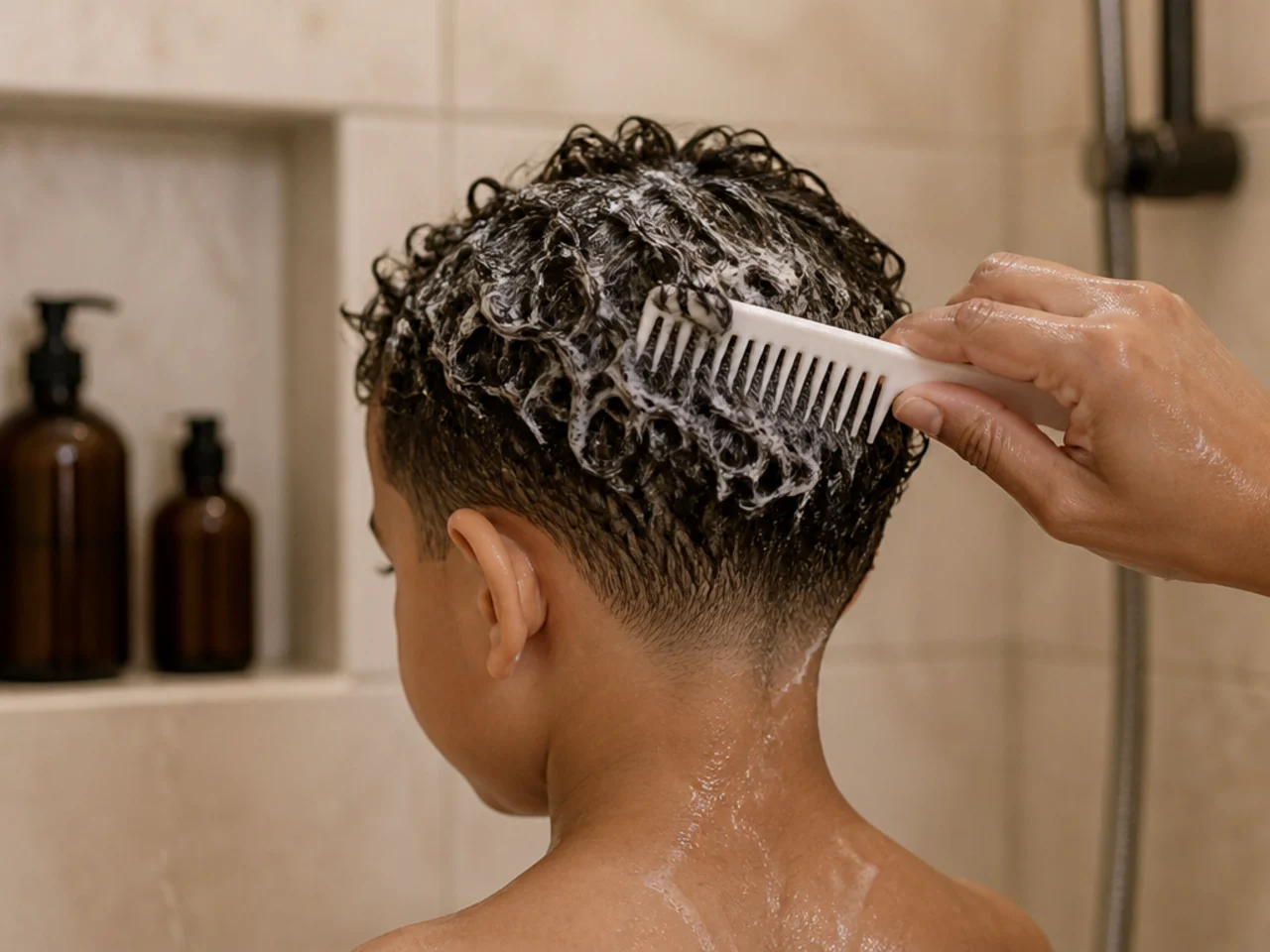 A boy's curls being detangled with conditioner in the shower