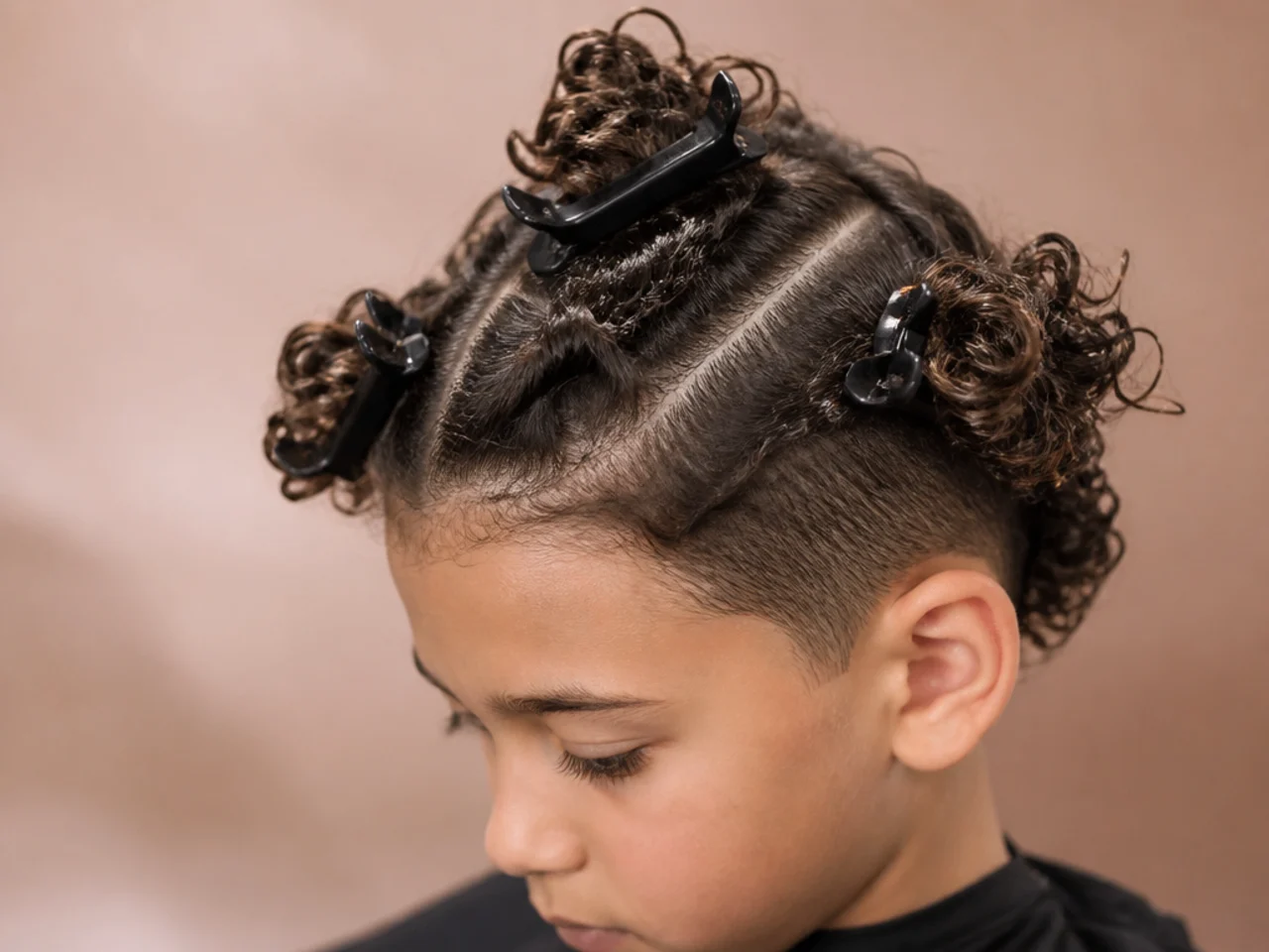 A boy's long curls clipped into four sections