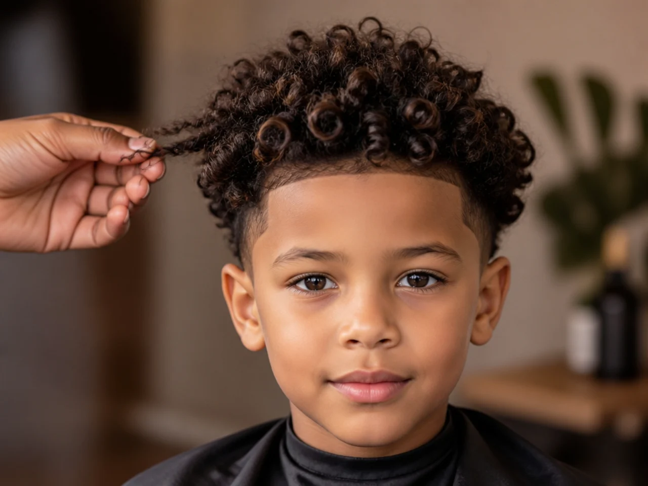 Fingers detangling a boy's curls from the ends up