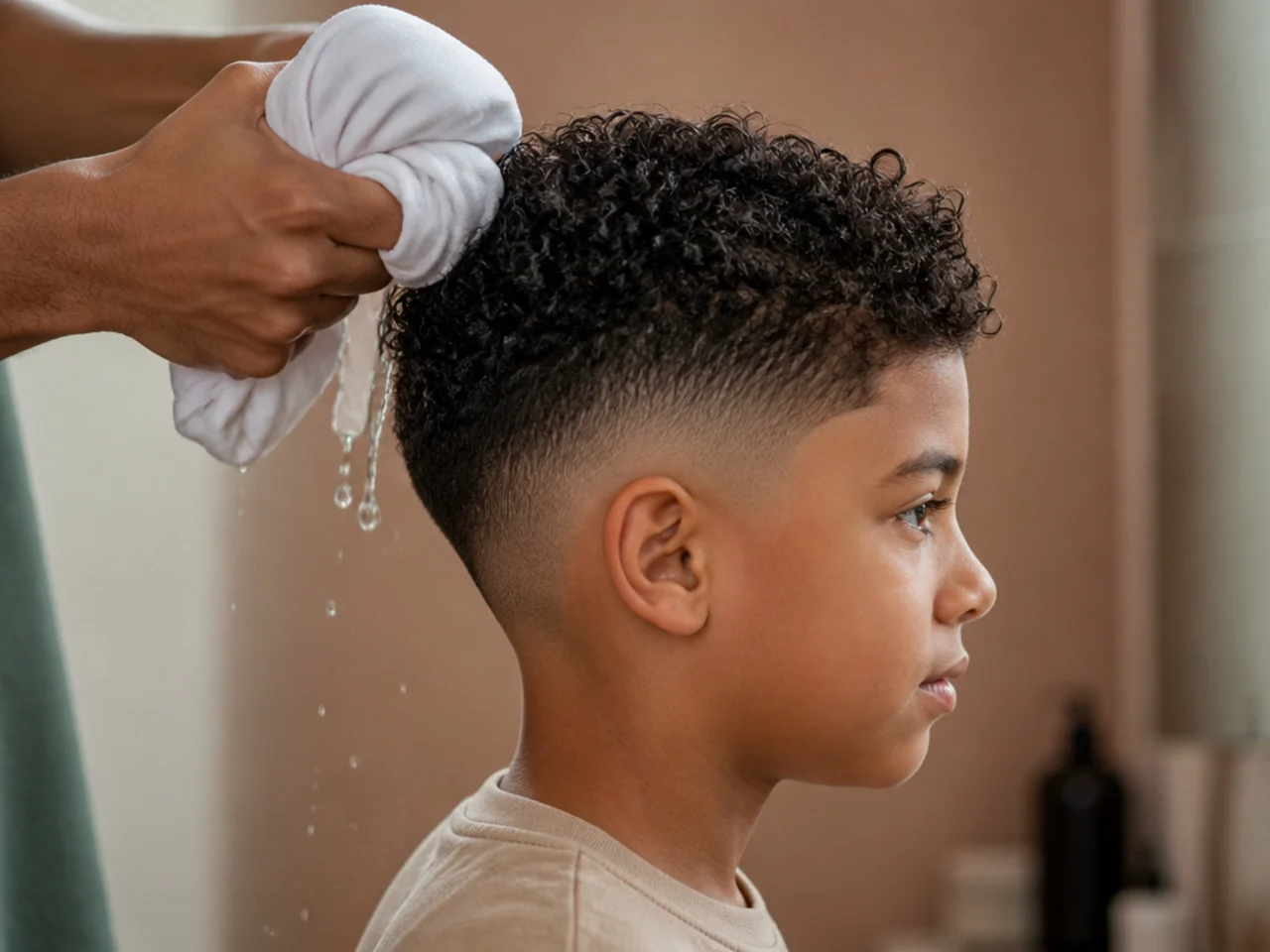 A cotton t-shirt squeezing water from a boy's curls