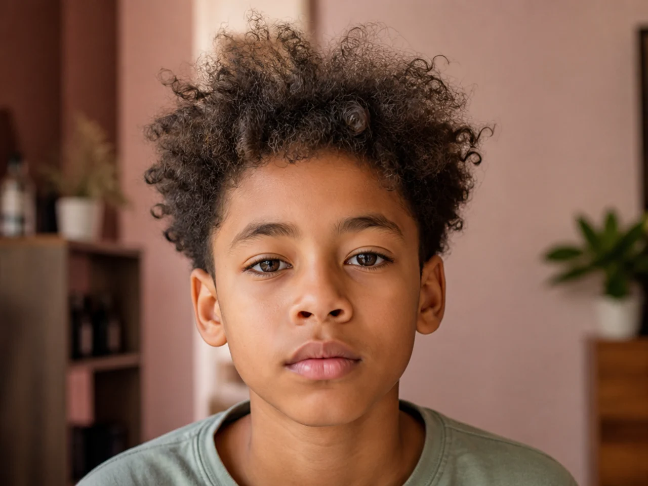 Frizzy dry curls on a boy after towel drying