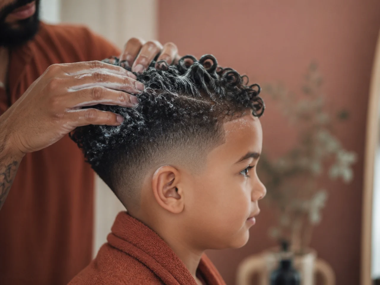 Conditioner being worked through a boy's curly hair