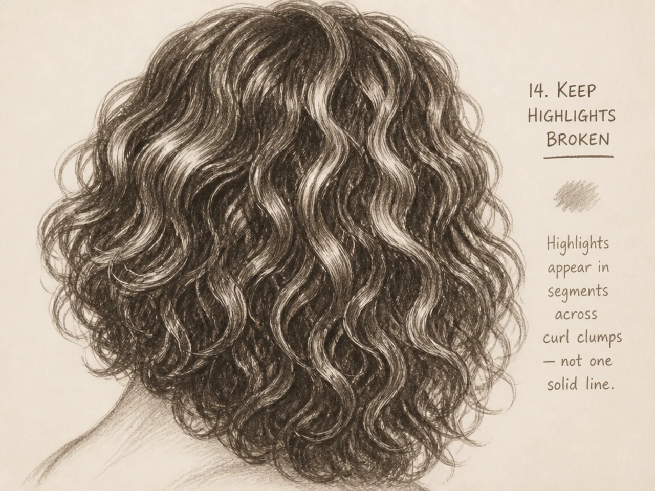 A broken highlight across curl clumps