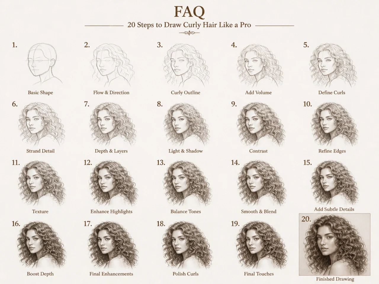 A finished step-by-step curly hair drawing