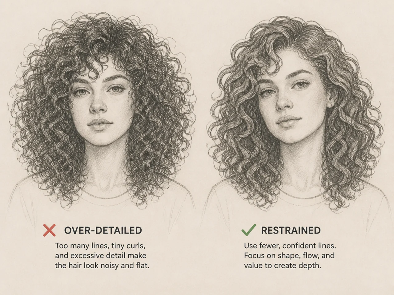 An over-detailed drawing beside a restrained one