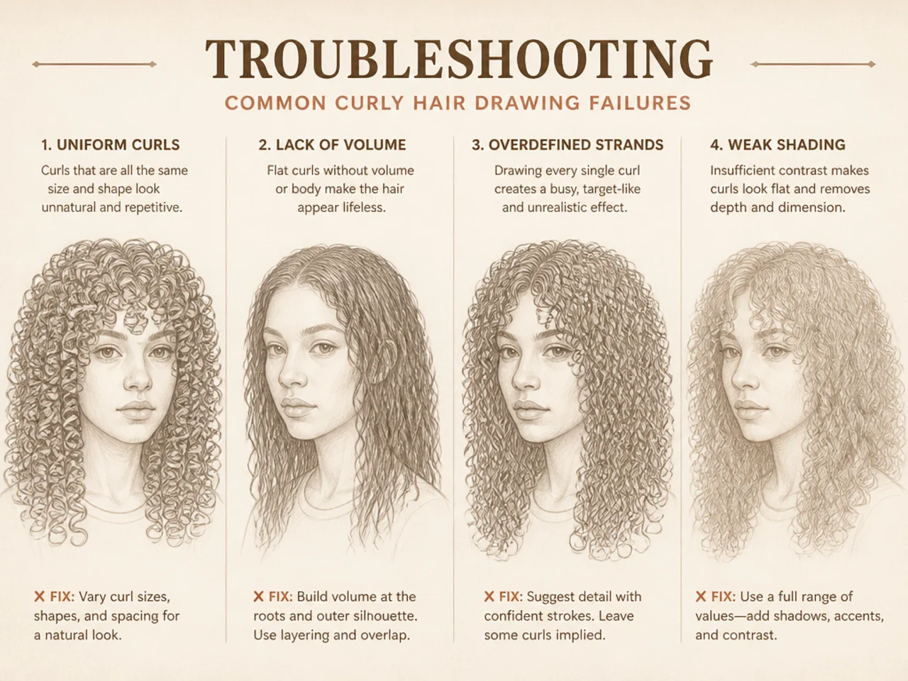 Common curly hair drawing failures side by side