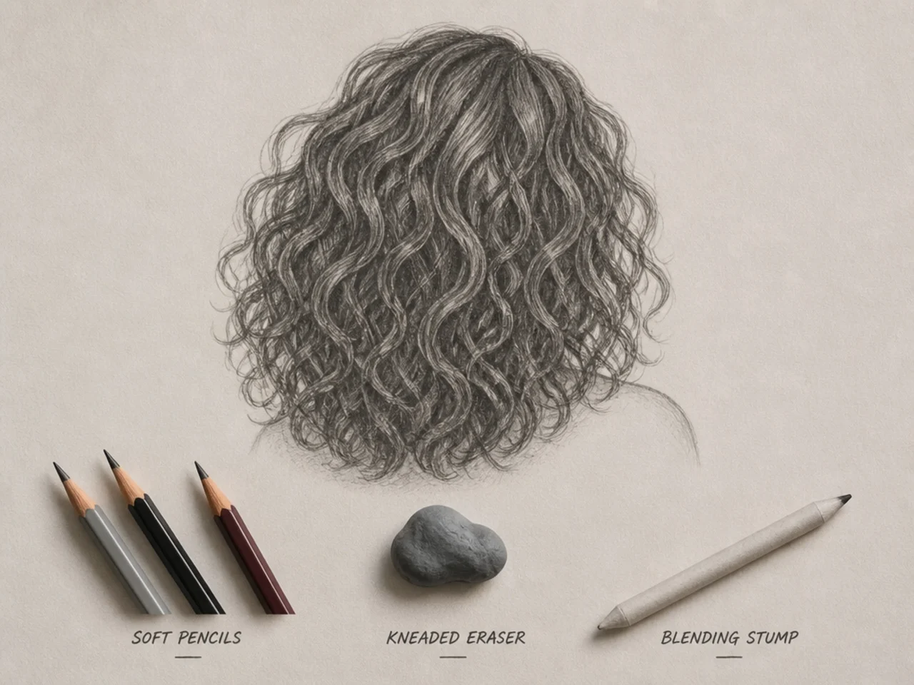 Soft pencils, a kneaded eraser and a blending stump