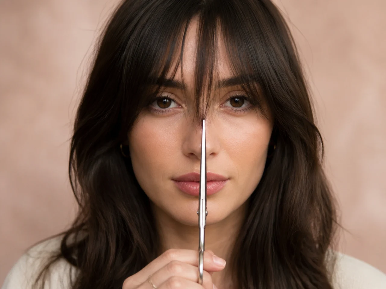 Scissors held vertically to point-cut into the ends