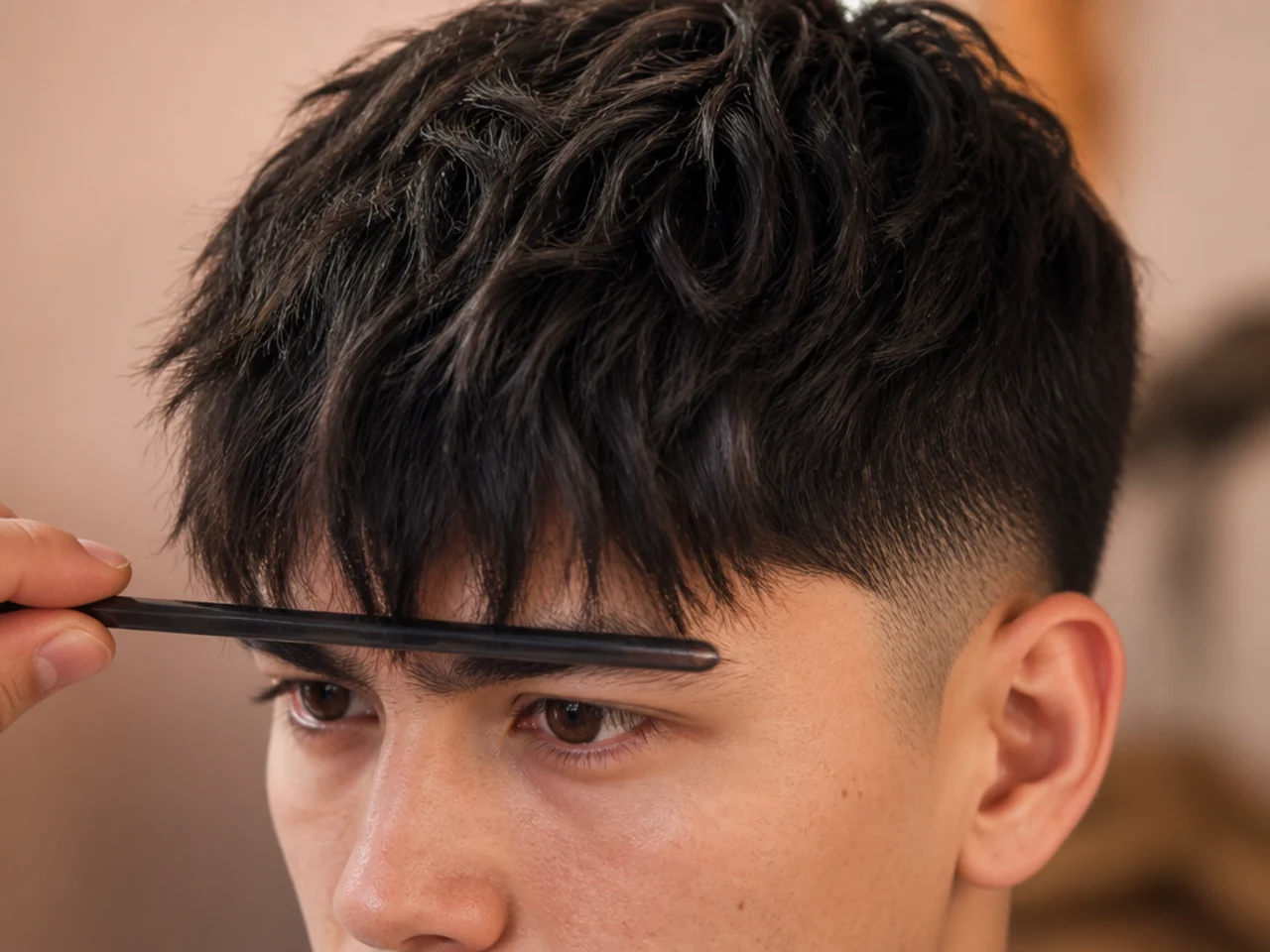 A dry fringe checked against the eyebrow