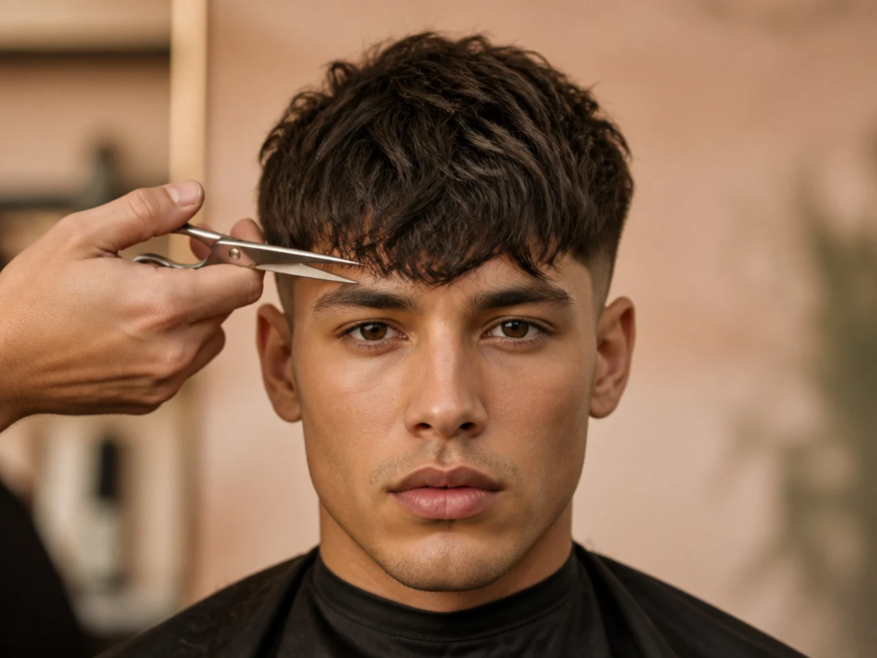 Scissors point-cutting into the front edge of a fringe