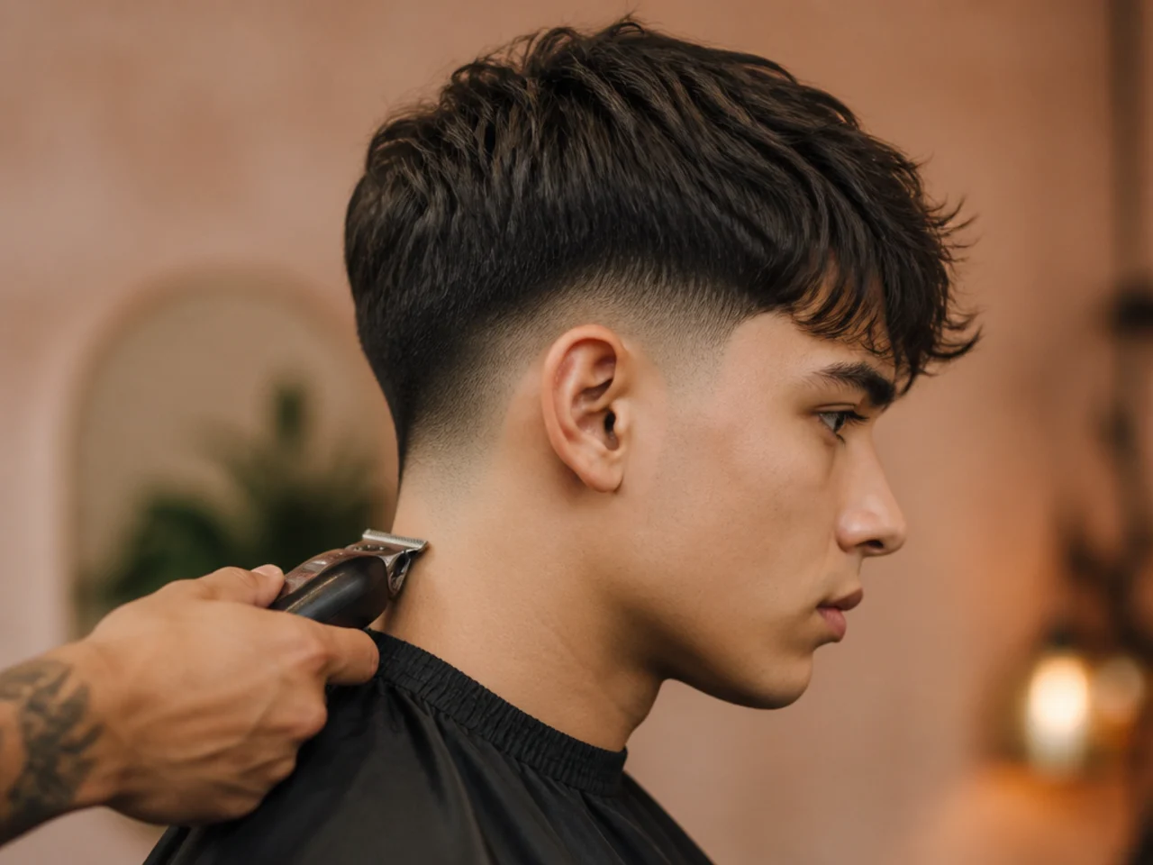 A neckline being cleaned with a trimmer