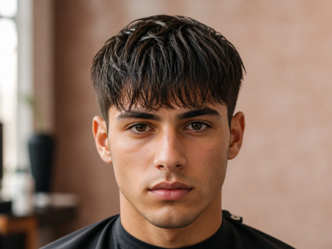 Damp hair combed into its natural fall direction