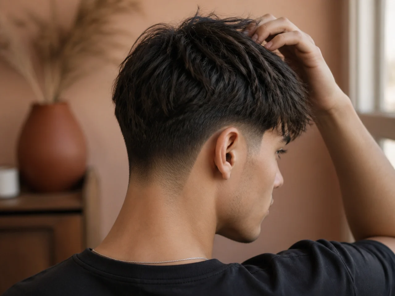 A finished textured fringe being styled with clay