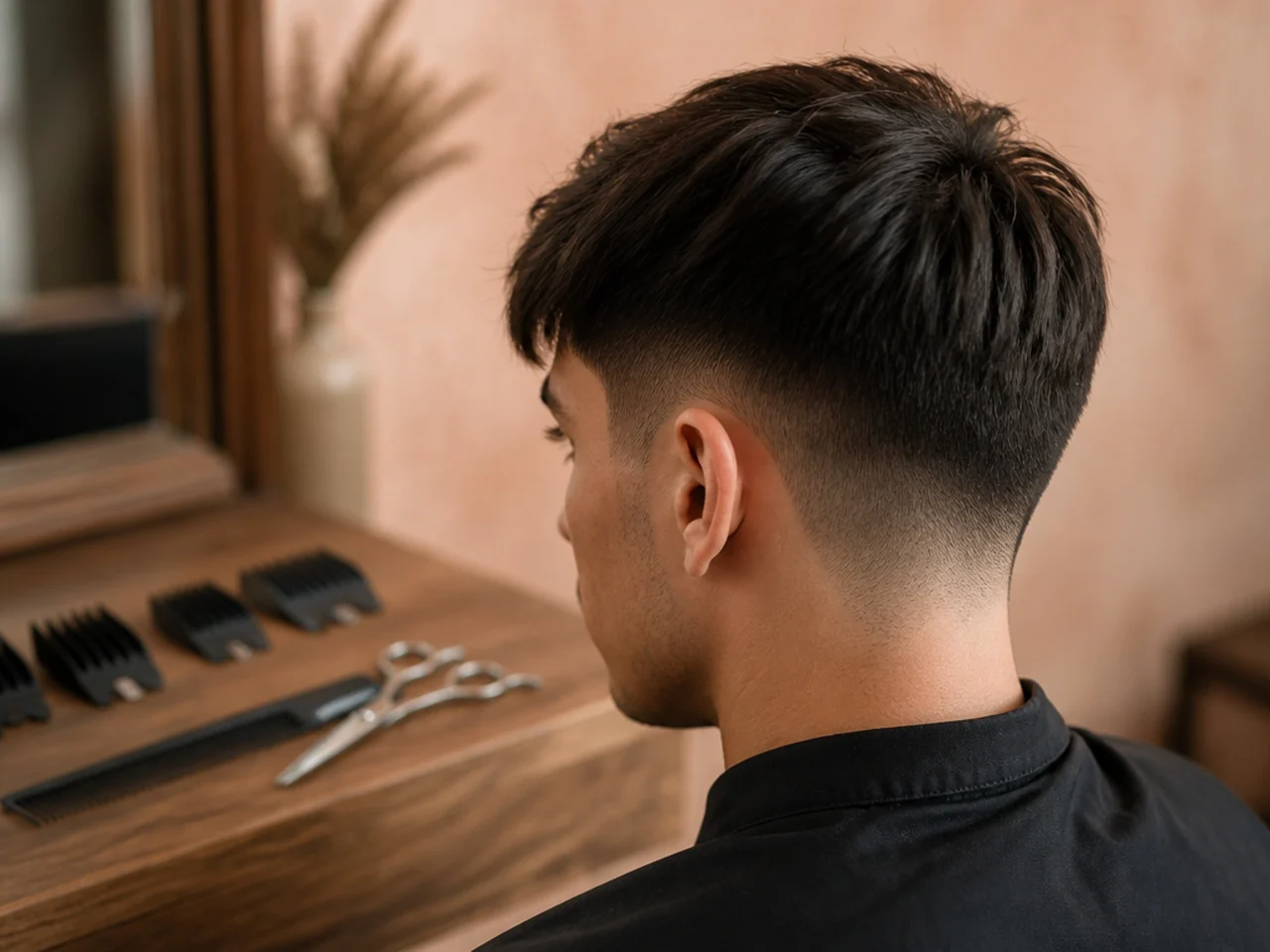 Clipper guards laid out beside scissors and a comb