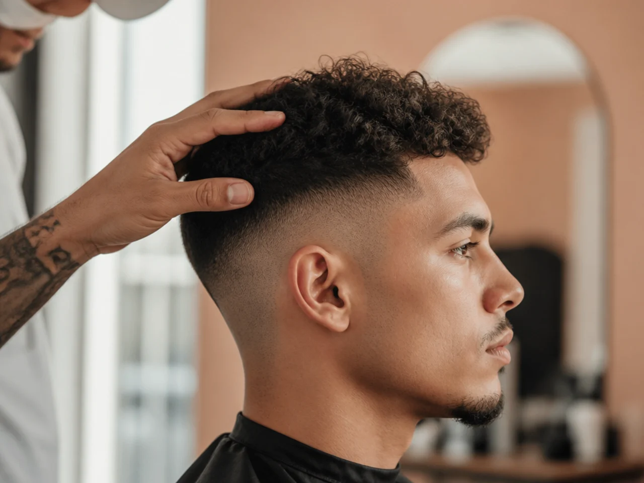 A barber checking the scalp before fading
