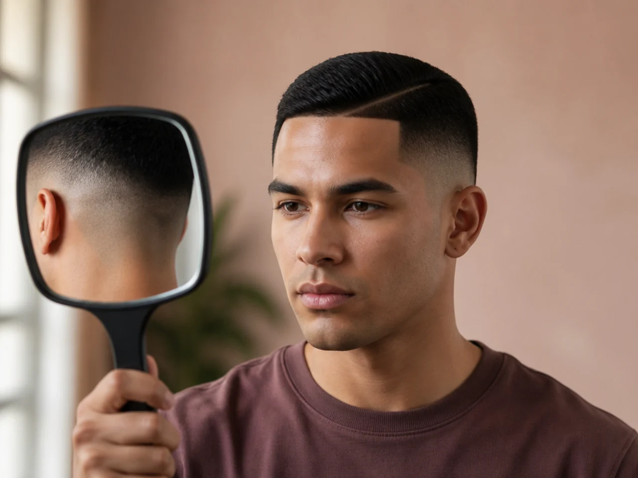 Checking the back of a high fade with a hand mirror