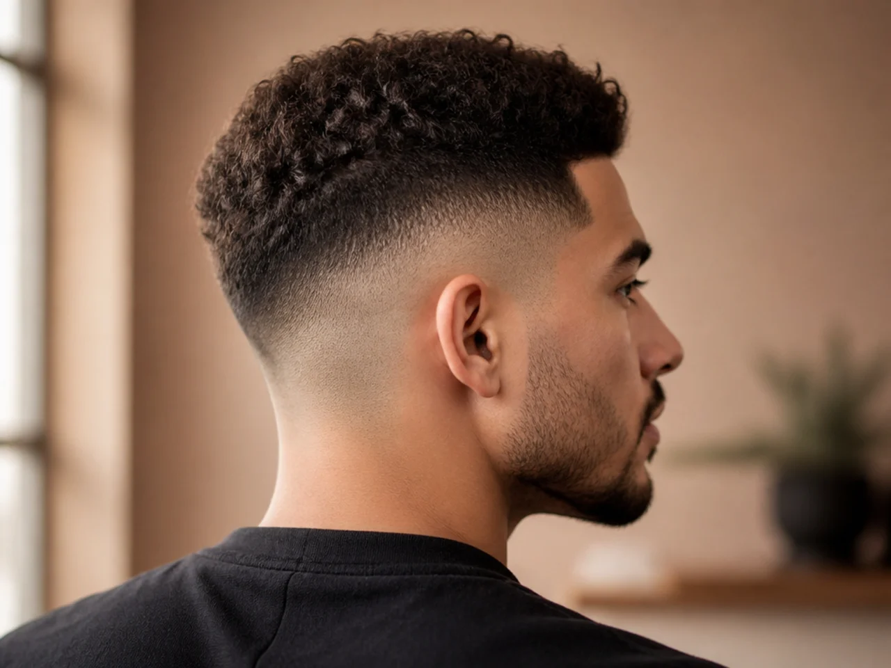 A side-profile reference photo of a high fade