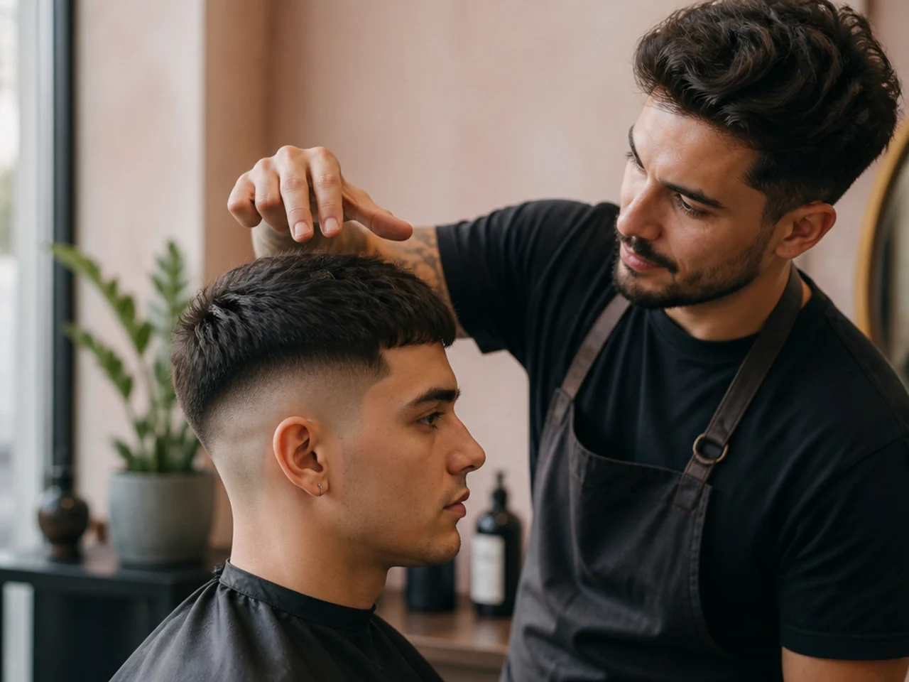 A barber discussing top length for a high fade