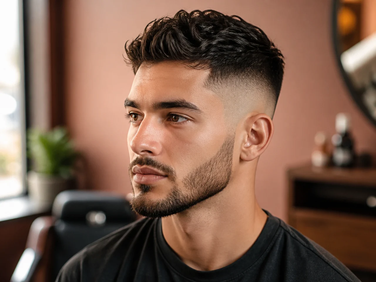 Three-quarter view of a finished high fade