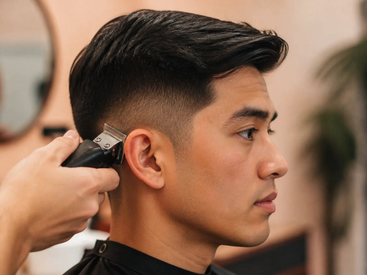 Sideburns being cut level with the top of the ear