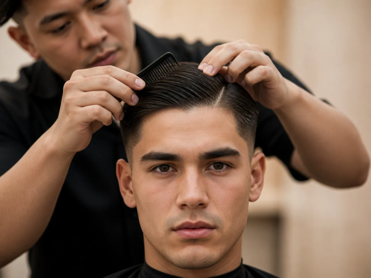 A barber combing the part in while the hair is damp