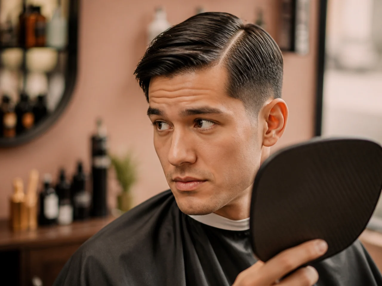 A client checking the part in the mirror mid-cut