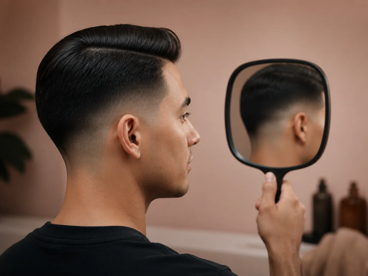 The back of a haircut being checked in a hand mirror
