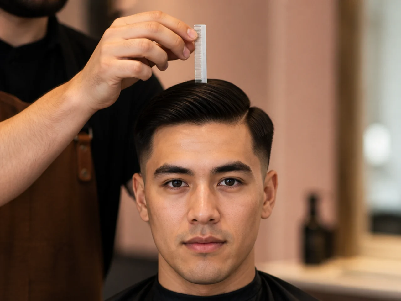 A barber measuring two inches of length on top