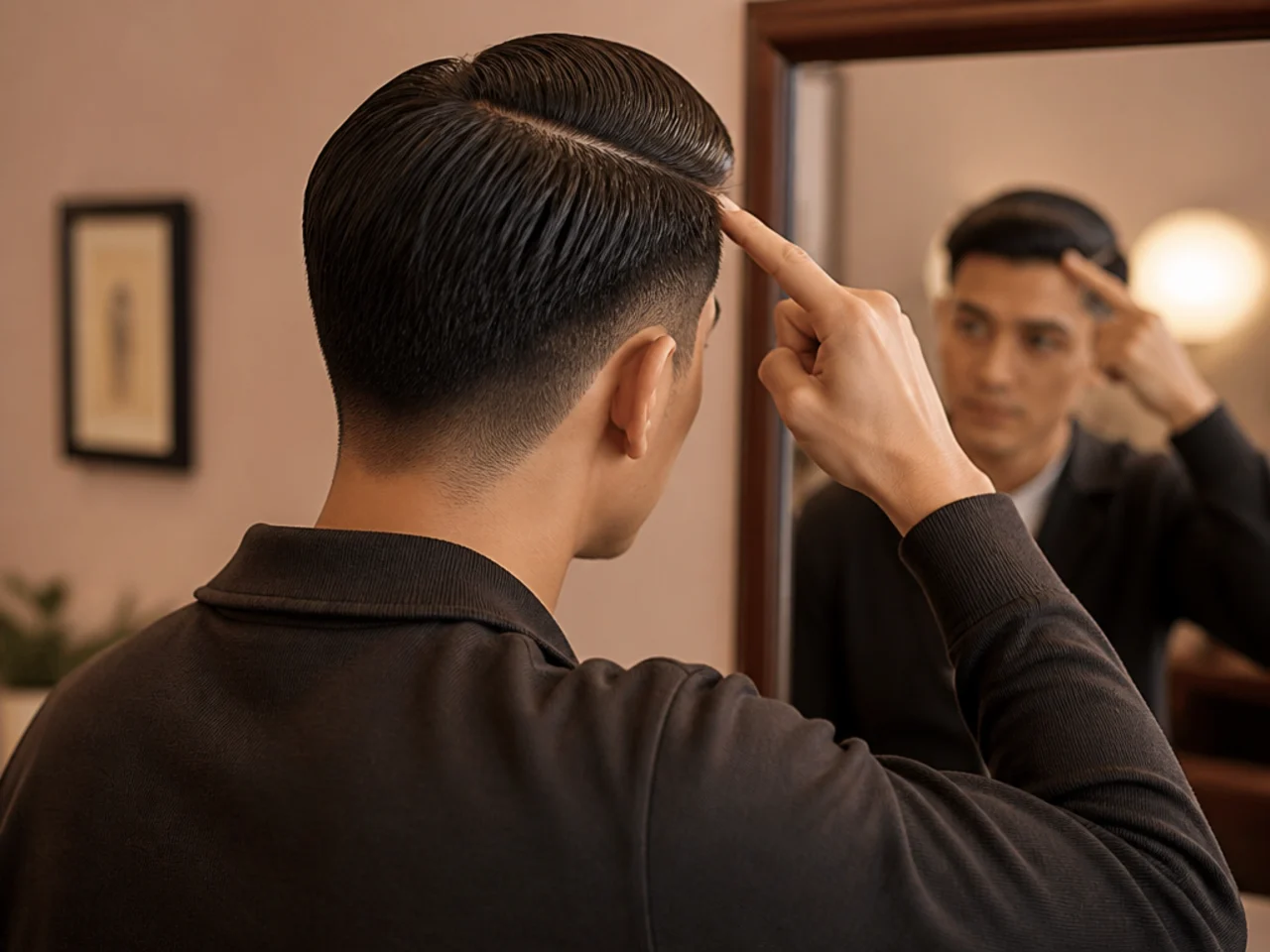 A client pointing to their parting side in the mirror