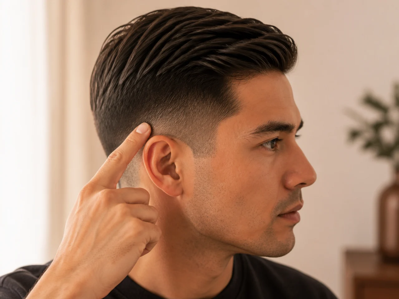 A client pointing to the taper height on the side of the head