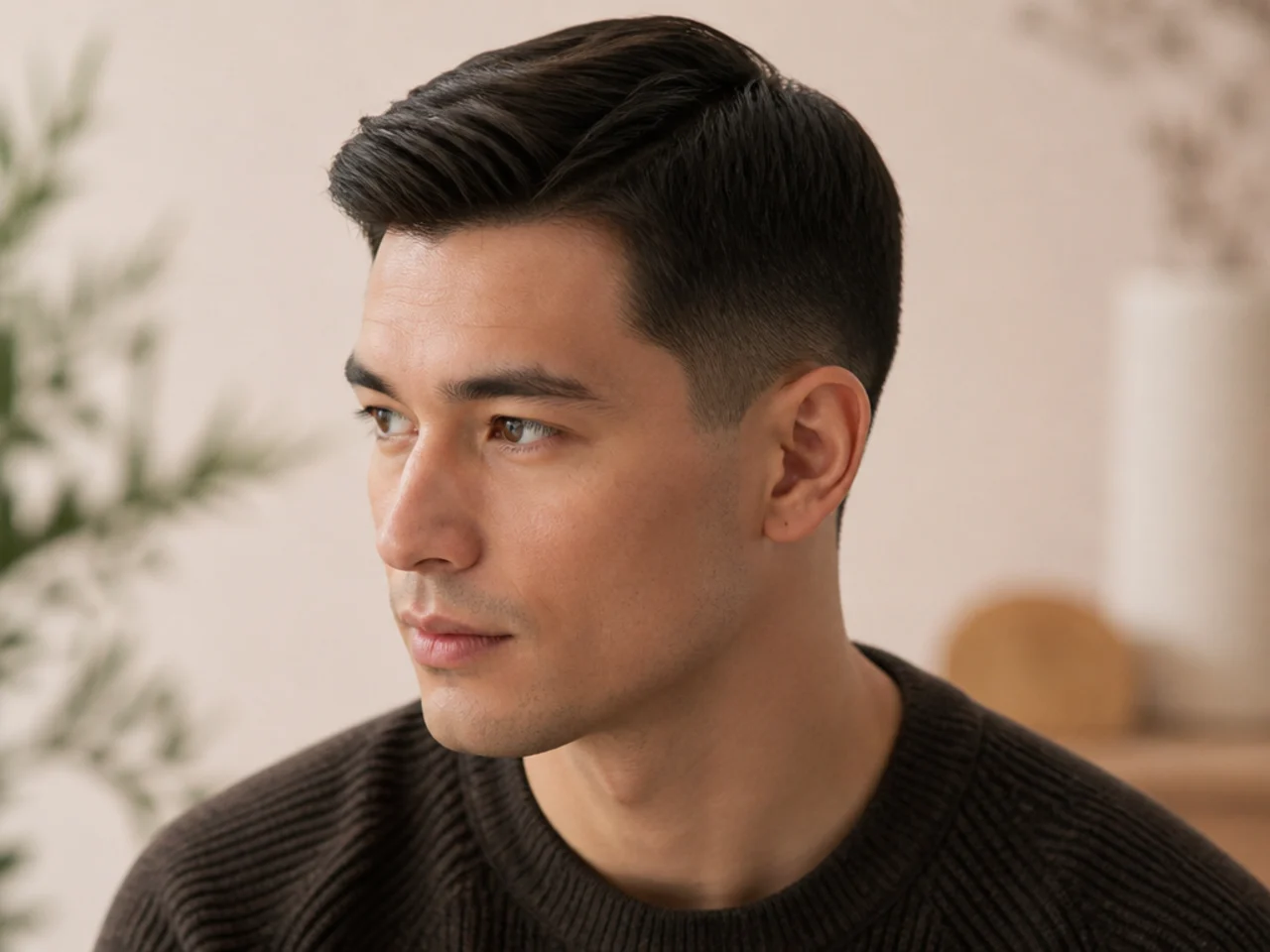 Three-quarter view of a finished ivy league haircut
