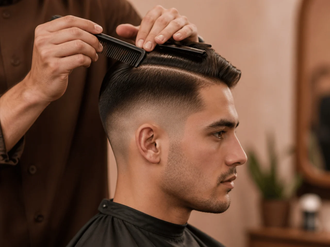 A barber sectioning the top of the head before cutting the sides