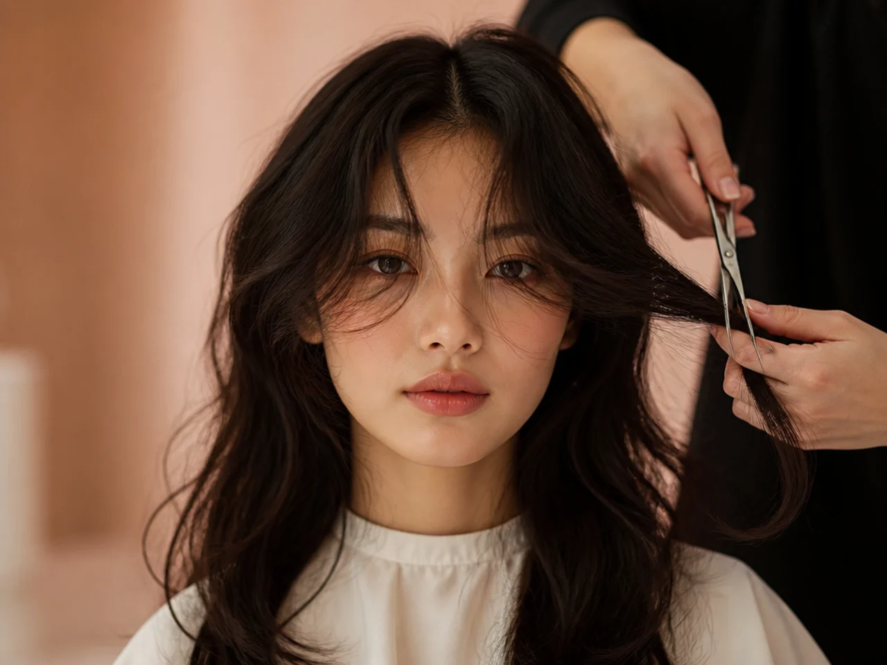 Wavy hair being cut dry
