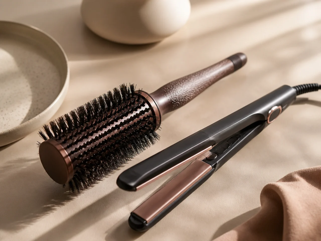 A round brush and a small iron laid out