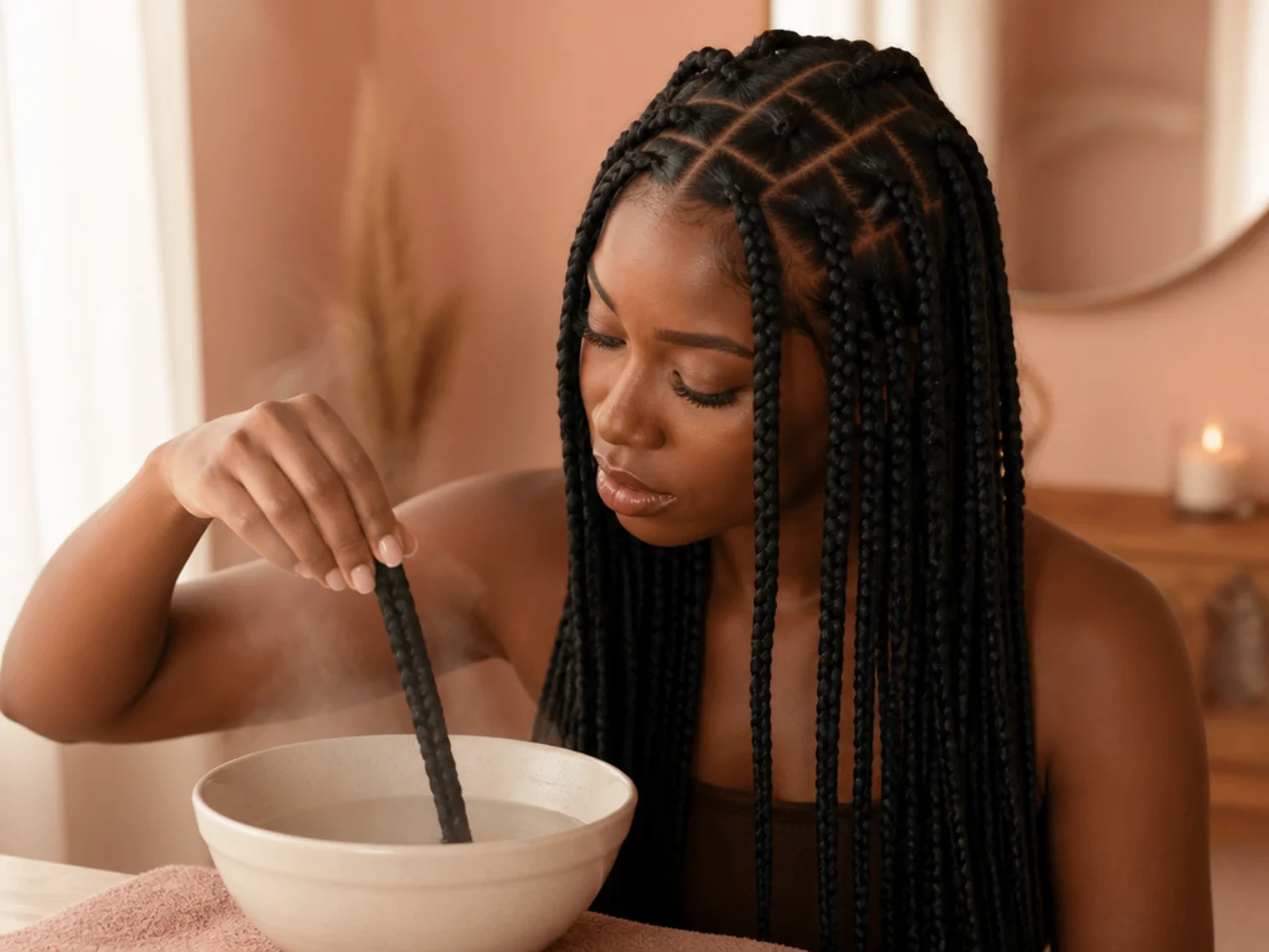 A braid end being dipped in hot water to seal
