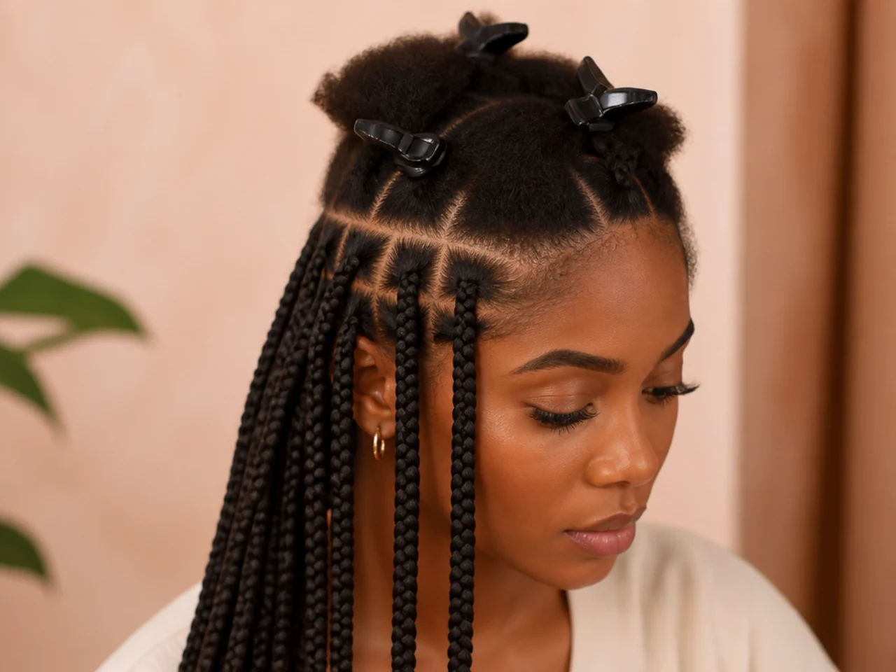A completed row of braids with the next row still clipped