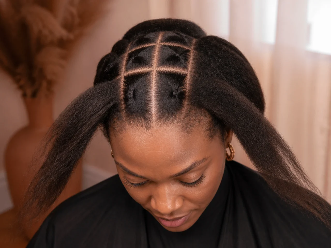 A parting layout planned on stretched natural hair